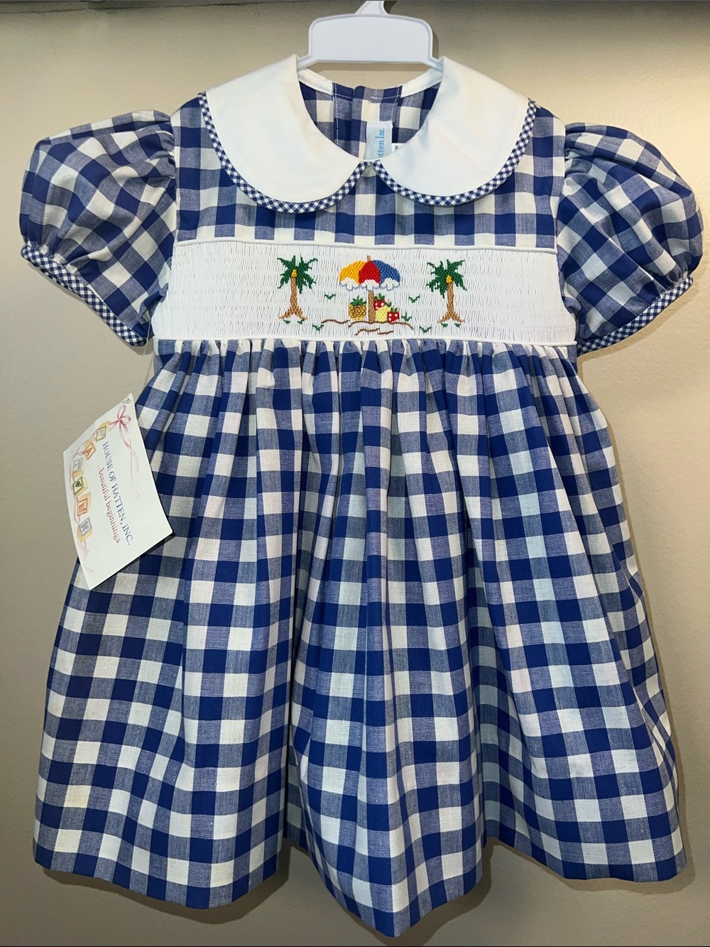 Vintage Blue and White Gingham Smocked 2piece Dress with Beach Embroidery Sz 2T